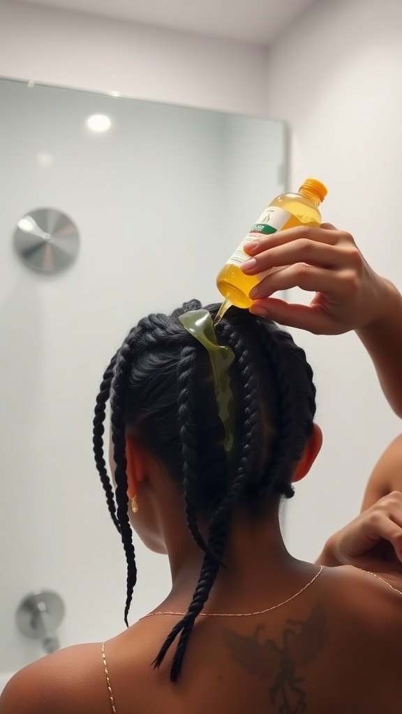 A person applying oil to their medium boho knotless braids in a bathroom setting.