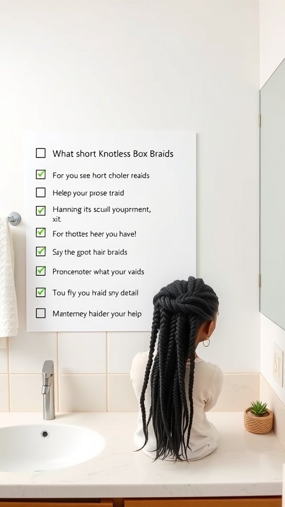 A mannequin with short knotless box braids, showcasing a checklist for maintenance tips.