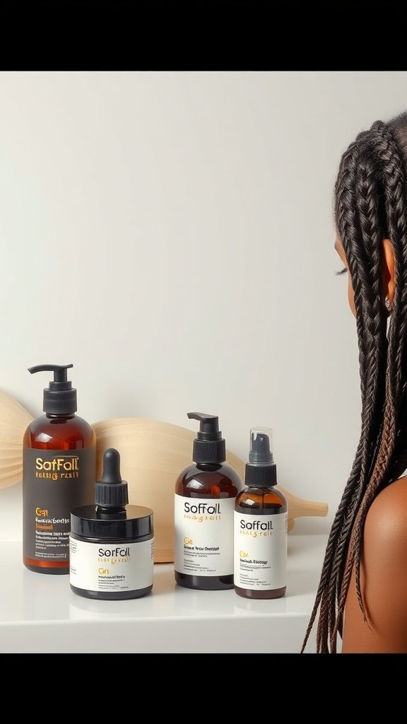 A collection of hair care products for maintaining short bohemian knotless braids.