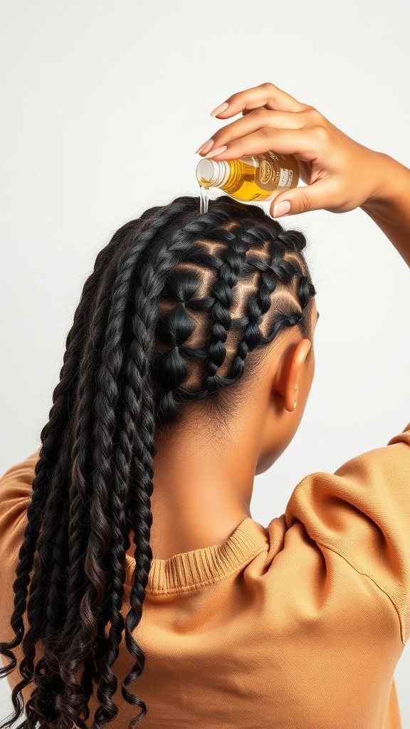 A person applying oil to their scalp while wearing short knotless braids with curly ends.