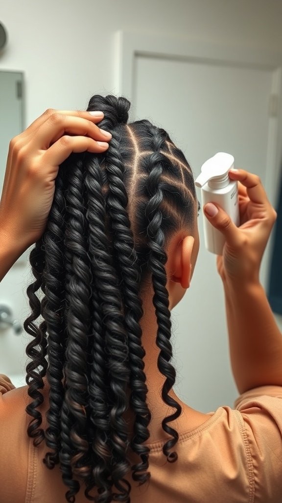 A person applying hair product to their knotless braids with curly ends.