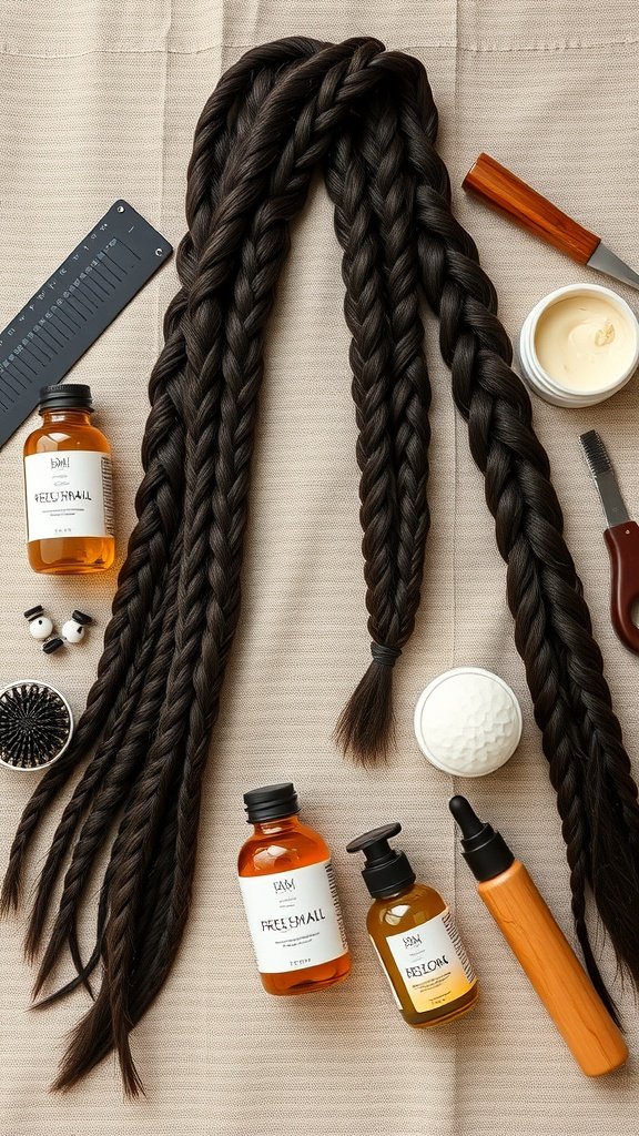 Large Boho Knotless Braids with hair care products and accessories