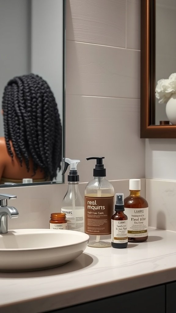 A bathroom counter with hair care products for maintaining knotless braids, featuring a reflection of braided hair in the mirror.