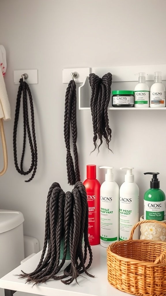 A collection of hair products and braided hair displayed on a table, showcasing maintenance items for knotless braids.