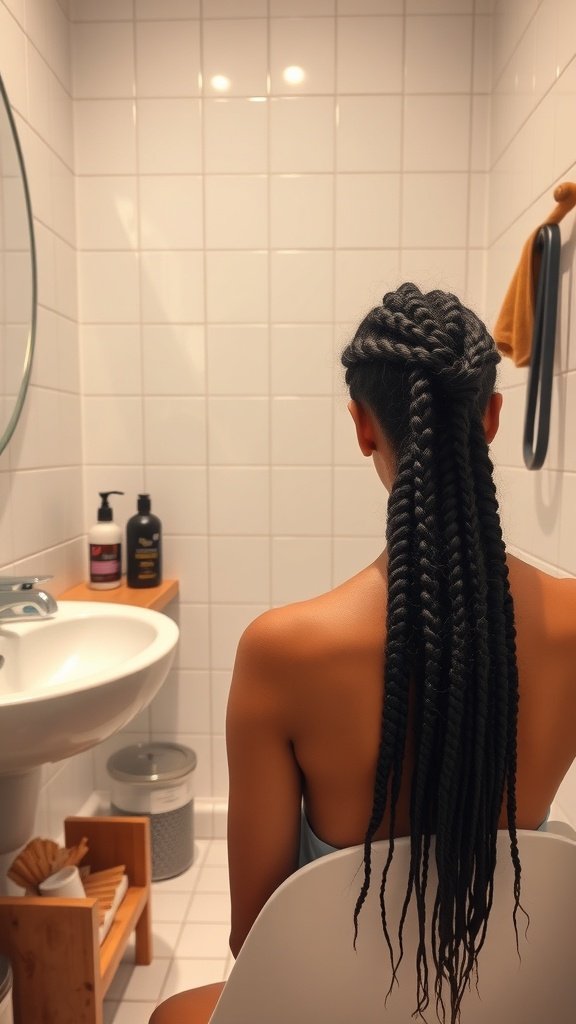 A woman with long knotless twist braids sitting in a bathroom, showcasing the beauty and maintenance of the hairstyle.