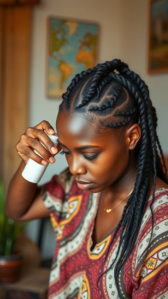 A woman applying product to her Fulani knotless braids, showcasing hair care and maintenance.