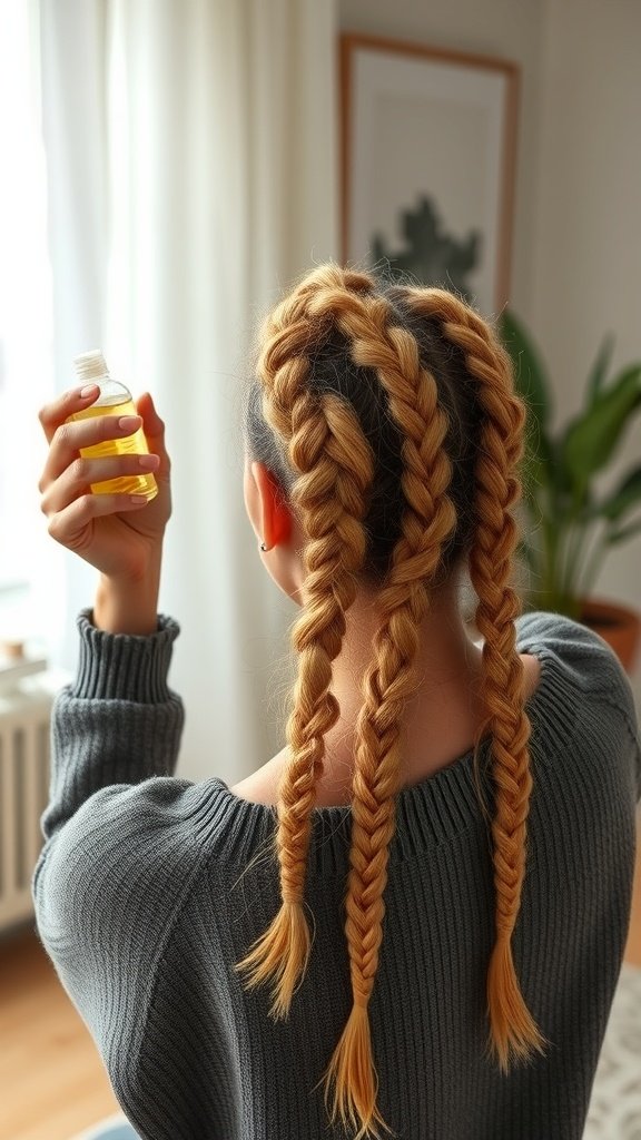 A person with honey blonde knotless braids holding a bottle of hair oil, preparing to maintain their hairstyle.