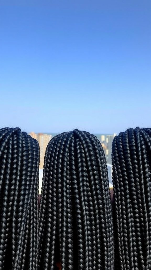 Image of large knotless box braids against a clear blue sky