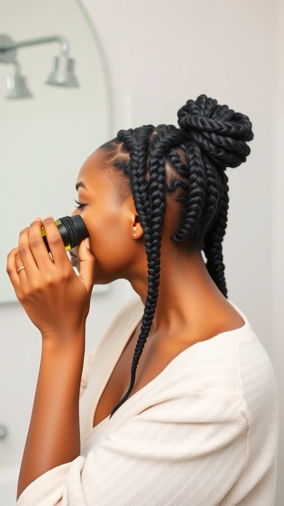 A woman applying product to her braided hair in a bathroom mirror.