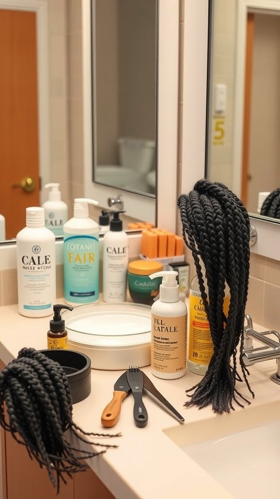 A bathroom counter with hair products and tools for maintaining small knotless box braids.
