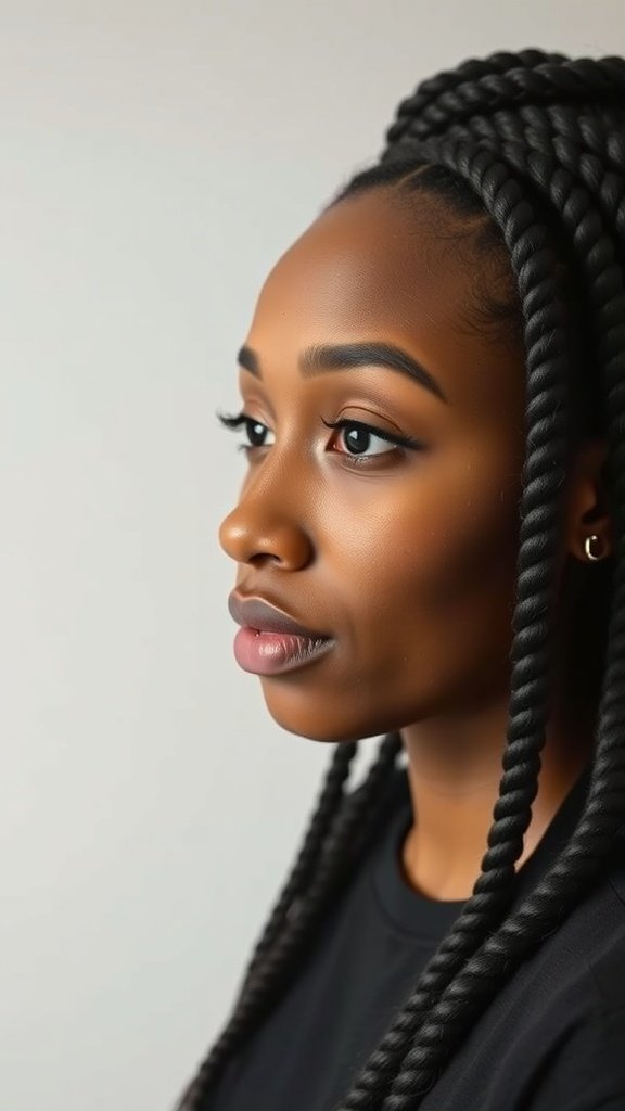 A close-up of a person with jumbo knotless box braids, showcasing the hairstyle's elegance.