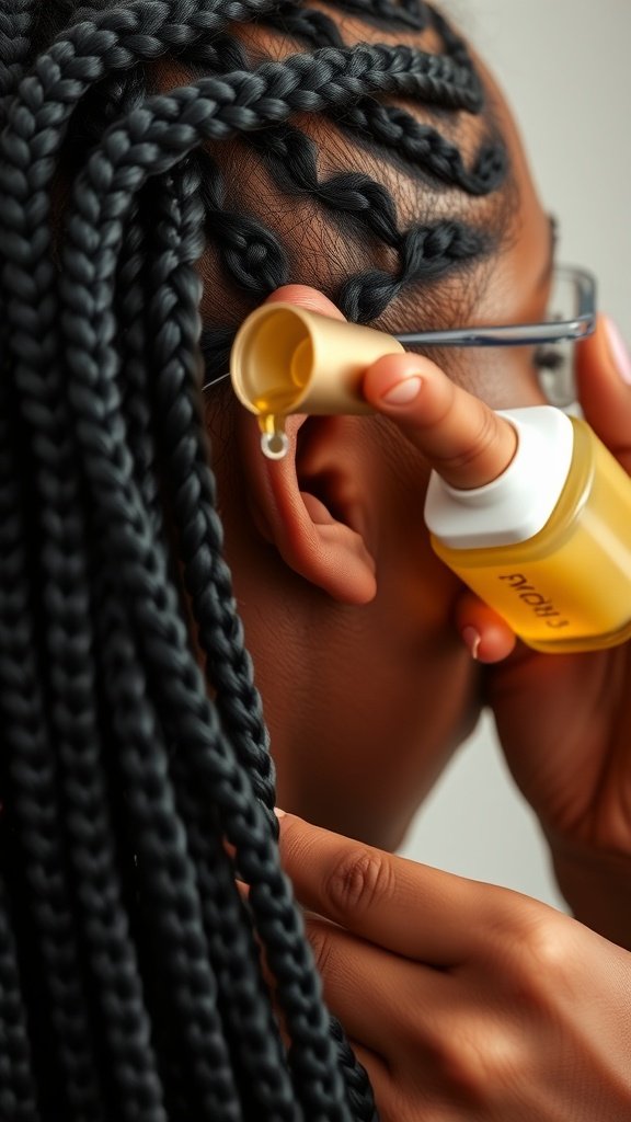A close-up of a person applying oil to their scalp while wearing medium knotless box braids.