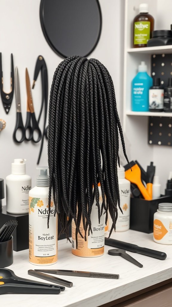 A display of medium knotless braids with hair care products and tools in a salon setting.