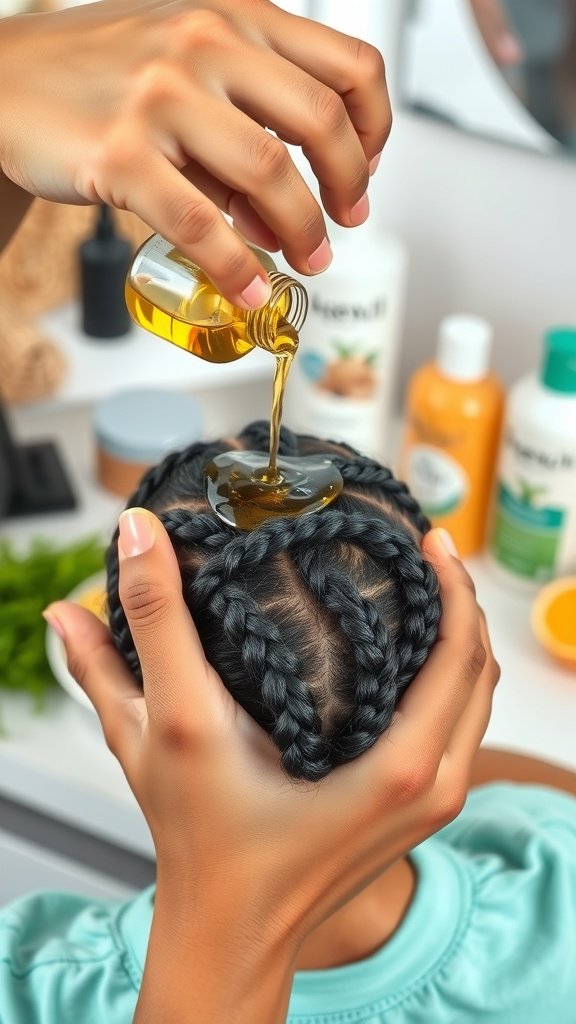 A person applying oil to a braided hairstyle, showcasing maintenance for short bohemian knotless braids.
