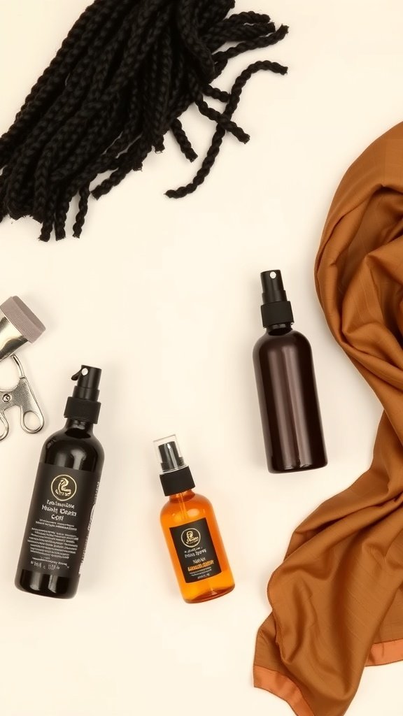 Image showing products for maintaining short knotless box braids, including sprays and a scarf.