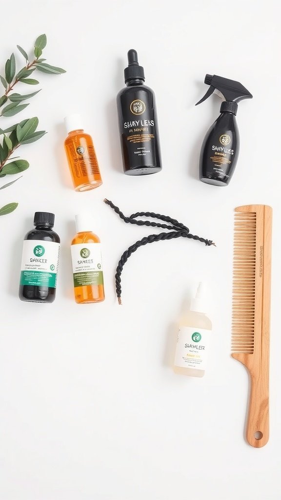 Image of hair care products and tools for maintaining short knotless braids