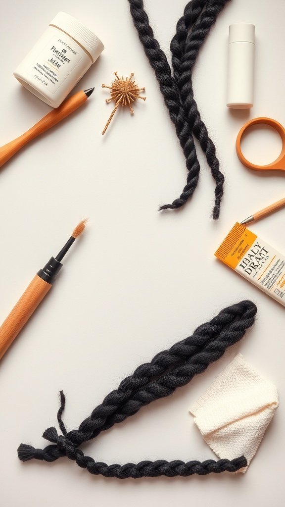 A flat lay of hair care products and braided hair, showcasing tools for maintaining small knotless braids.