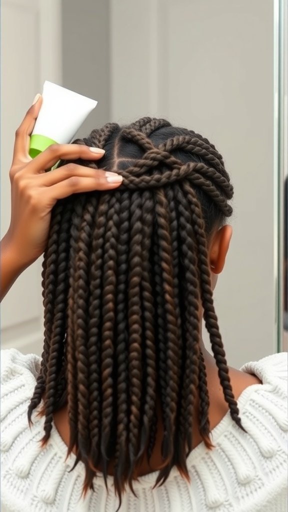 A person applying product to their XS knotless braids for maintenance.