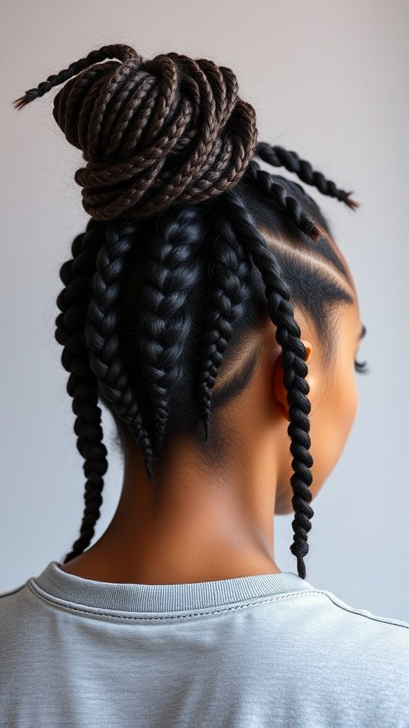 A stylish messy bun with loose braids, showcasing knotless box braids.