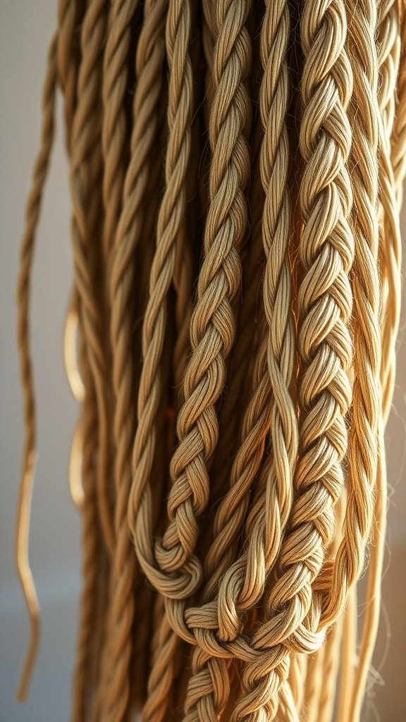 Close-up of twisted hair in a soft golden hue, showcasing metallic knotless braids.