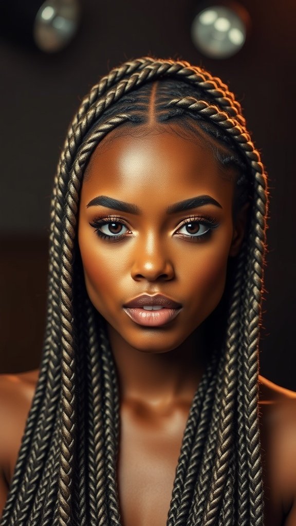 A close-up of a model with metallic knotless braids, showcasing their sleekness and shine.