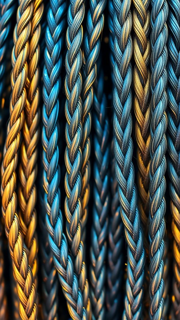 Close-up of braided hair featuring metallic blue and gold colors.
