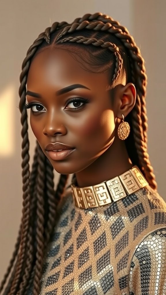 A model showcasing metallic shimmer knotless braids, highlighting their shine and style.