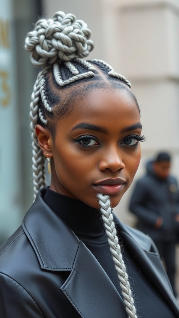 A woman with metallic silver knotless braids styled in a bun, showcasing a chic and modern look.
