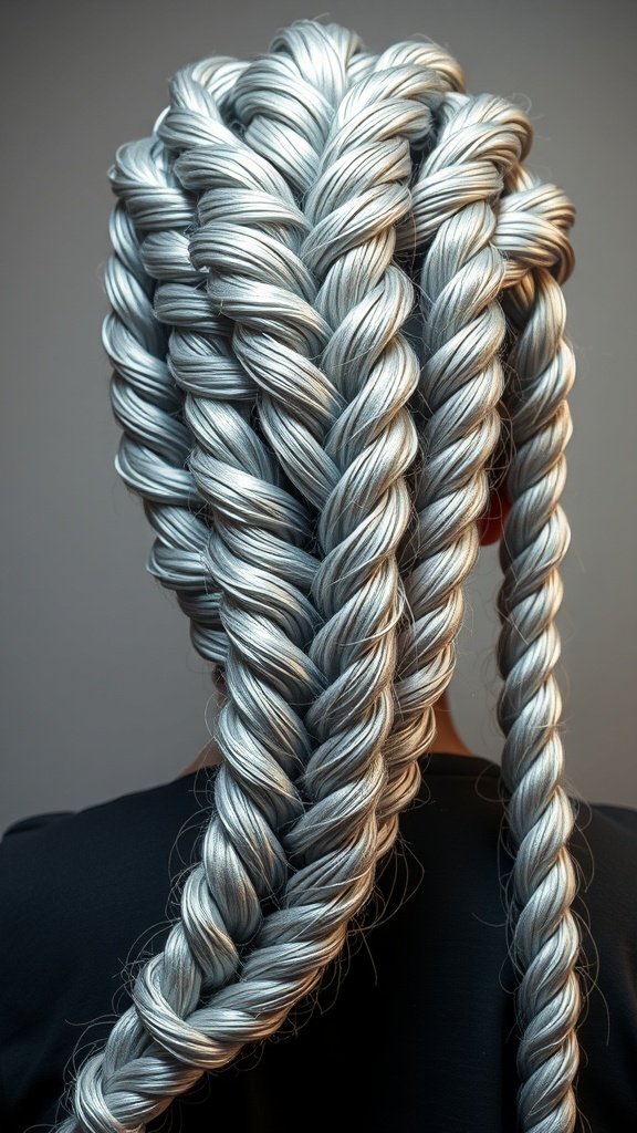 Close-up of metallic silver knotless braids styled in a unique pattern.