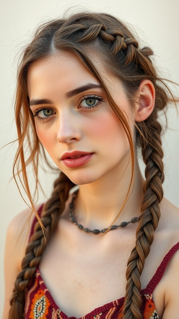 A young woman with two short bohemian knotless braids, showcasing a casual and stylish hairstyle.