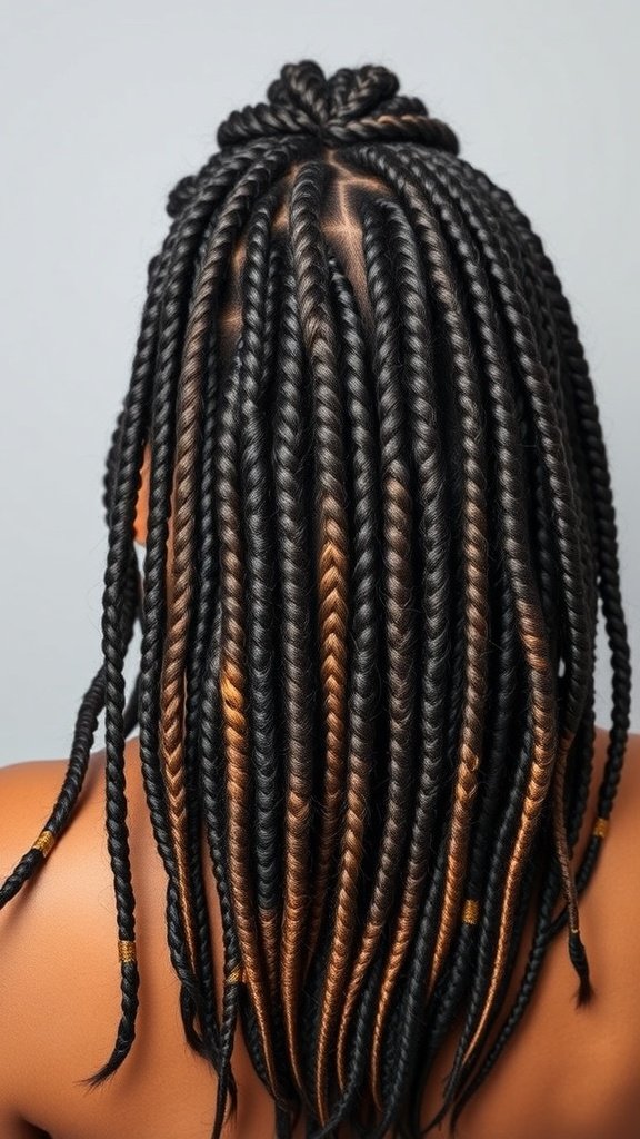 A close-up view of medium knotless box braids showcasing a mix of textures and colors.