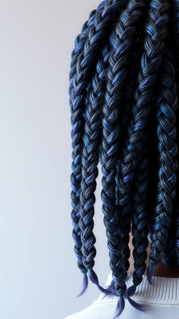 Close-up of knotless braids in black with blue and purple tones