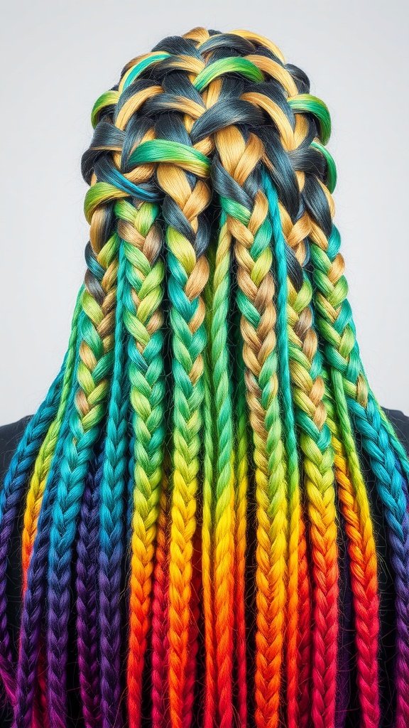 A close-up view of colorful boho knotless braids with natural roots.