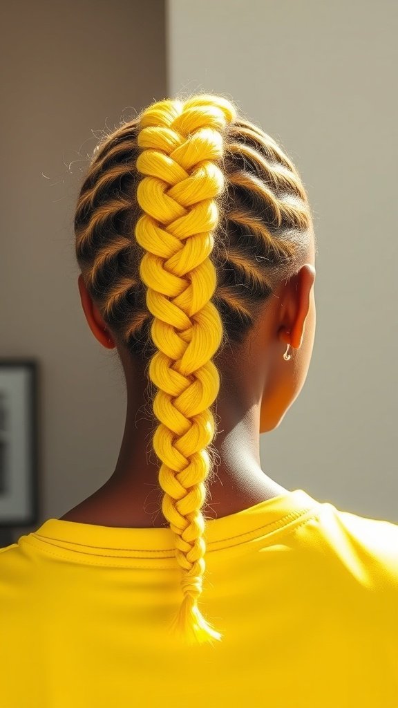 A close-up view of a neon yellow knotless braid styled neatly down the back.