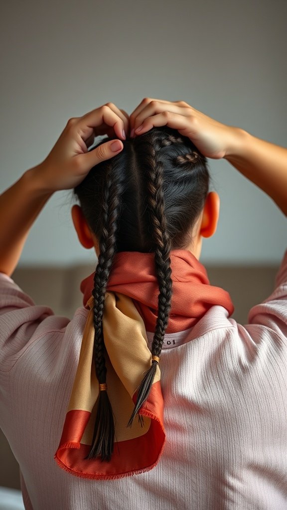 A person tying their knotless braids with a scarf for nighttime care.