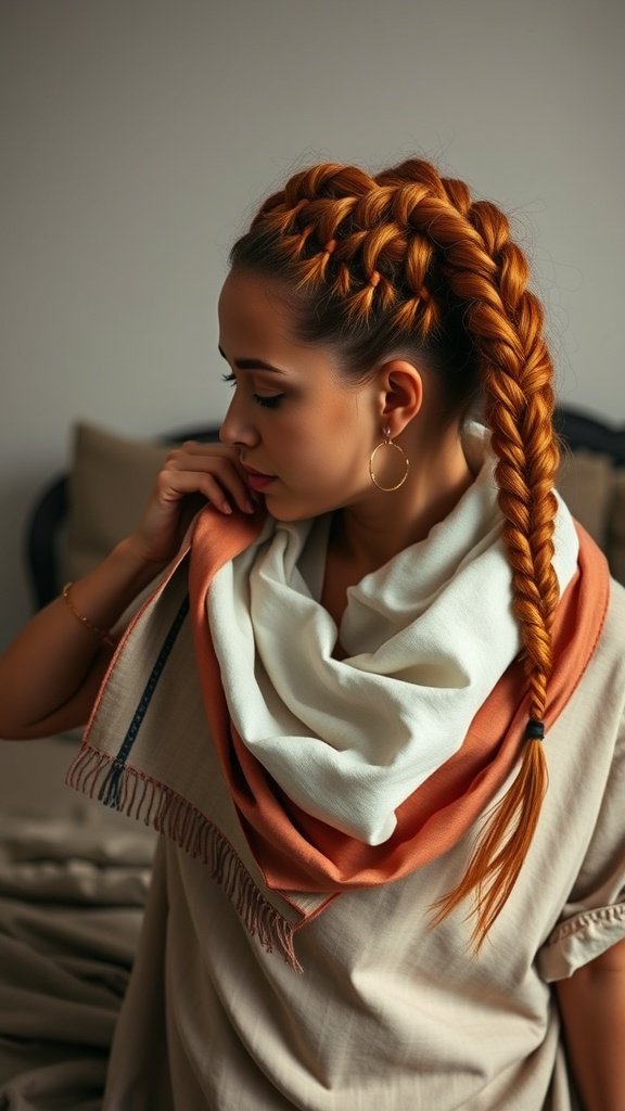 A woman with ginger knotless braids styled elegantly, wearing a scarf.