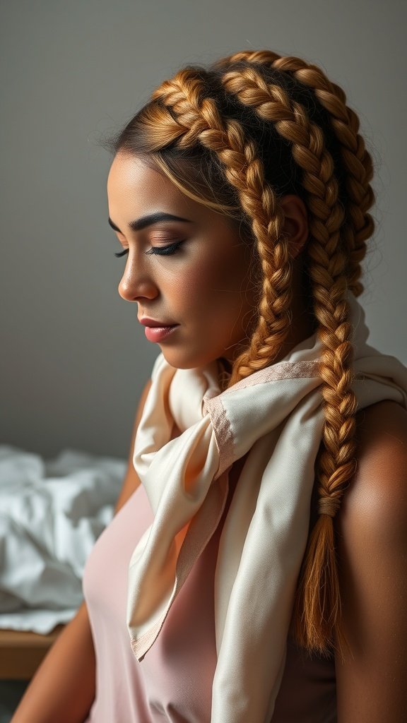 A woman with honey blonde knotless braids styled elegantly, wearing a light-colored top and a scarf.