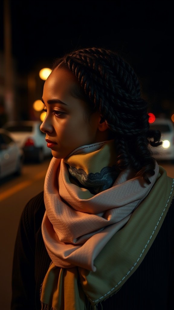 A woman with knotless braids wearing a scarf, showcasing a nighttime hairstyle routine.