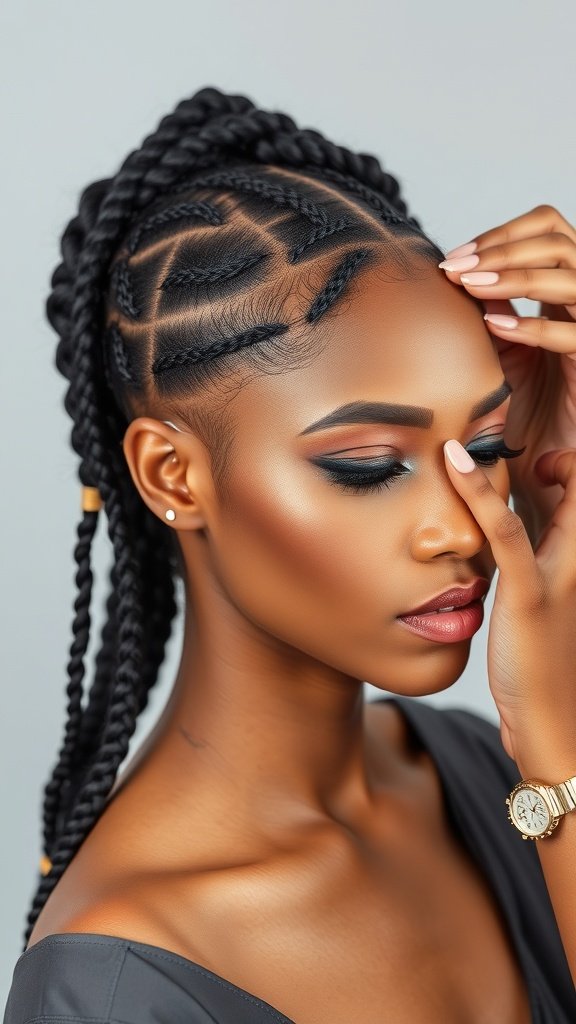 A model showcasing knotless braids paired with stylish makeup, highlighting her features.