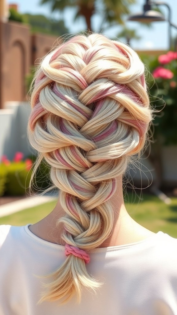 A beautiful hairstyle featuring pastel ombre knotless braids with a mix of blonde and pink colors.