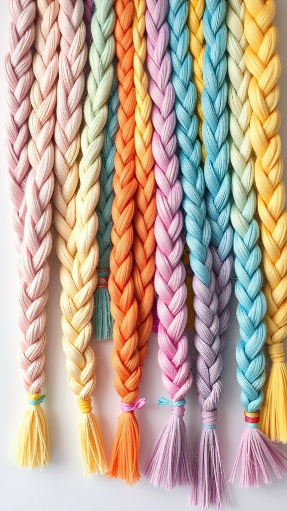 An array of pastel rainbow braids in various colors, showcasing a vibrant and playful hairstyle.