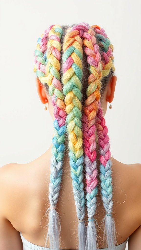 A back view of a person with pastel rainbow knotless braids, showcasing vibrant colors.
