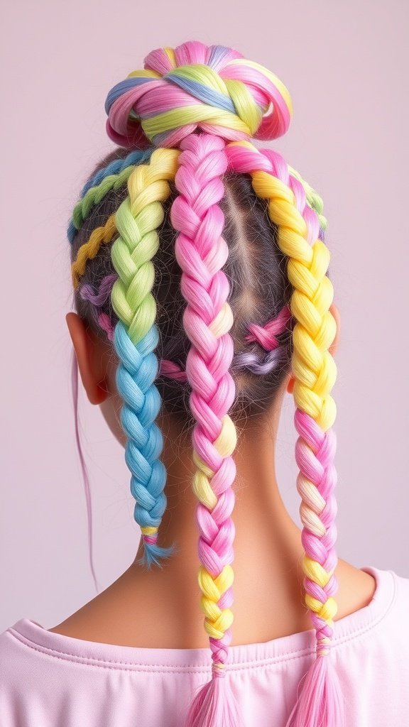 A colorful hairstyle featuring pastel rainbow knotless braids styled in a bun.