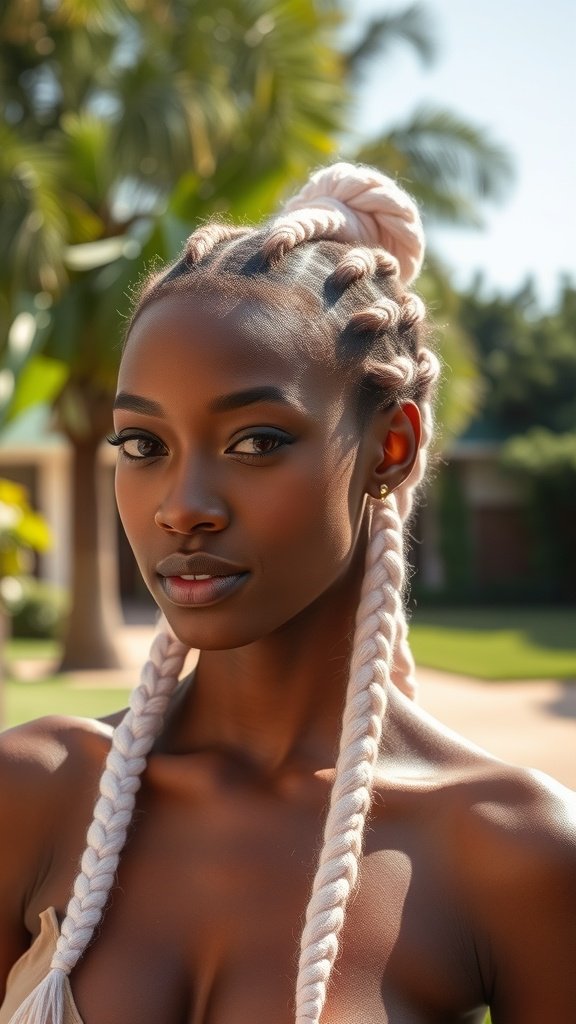 A woman with pastel knotless braids styled elegantly outdoors.