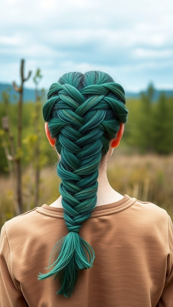 A woman with peacock green knotless braids styled in a long braid, set against a natural outdoor background.