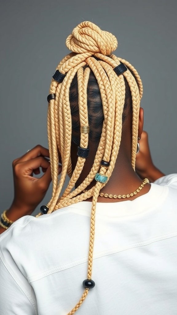 A stylish hairstyle featuring blonde knotless box braids with a bun and beads.