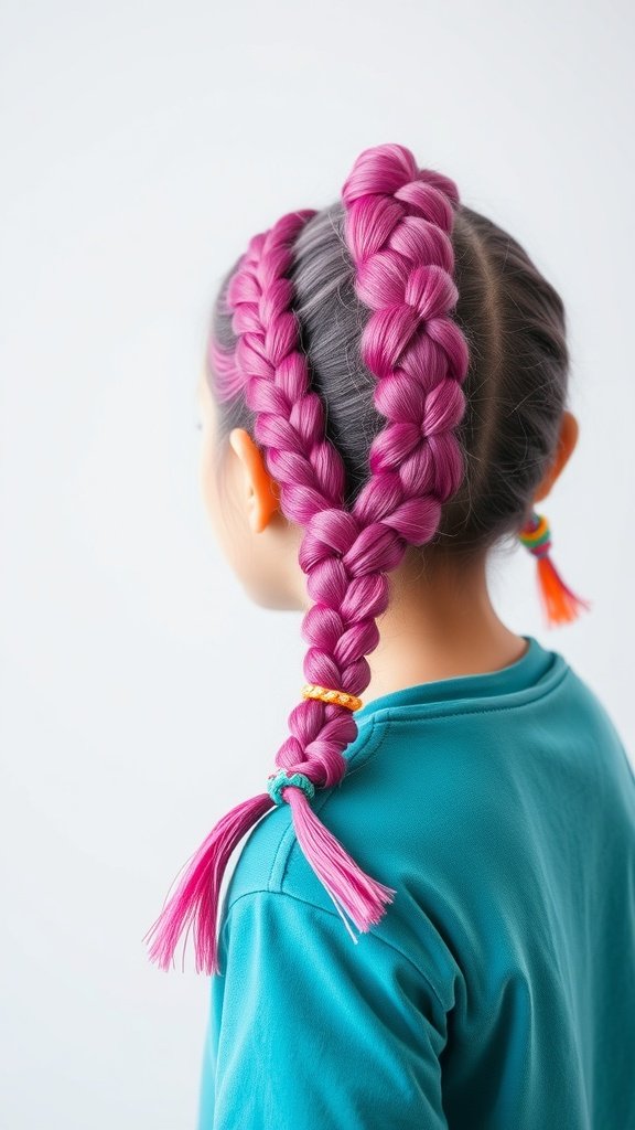 A girl with pink and purple knotless braids styled in two sections, showcasing vibrant colors and playful accessories.