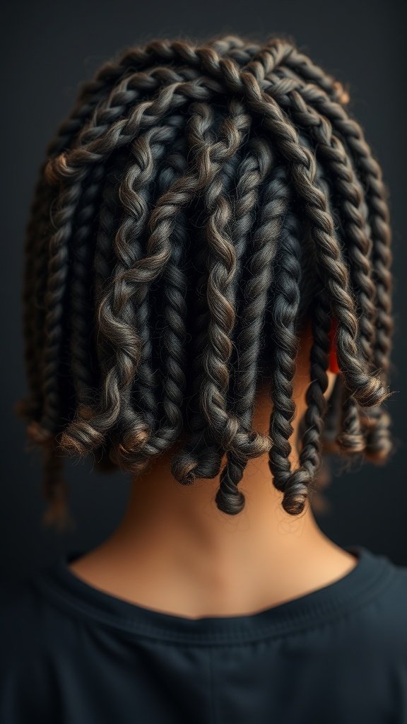 A close-up view of short knotless braids with curly ends, showcasing a playful and textured hairstyle.