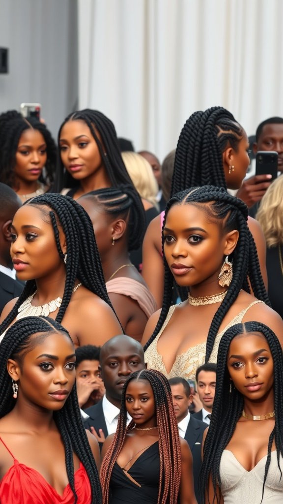 A group of individuals showcasing stylish knotless box braids at a formal event.