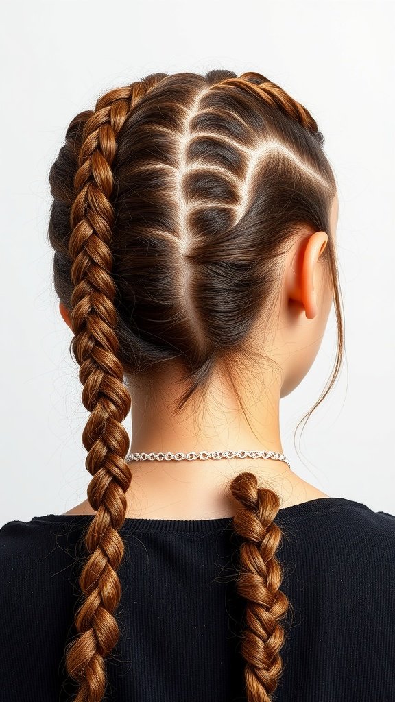 A close-up of two honey brown knotless braids styled neatly, showcasing the color and texture.